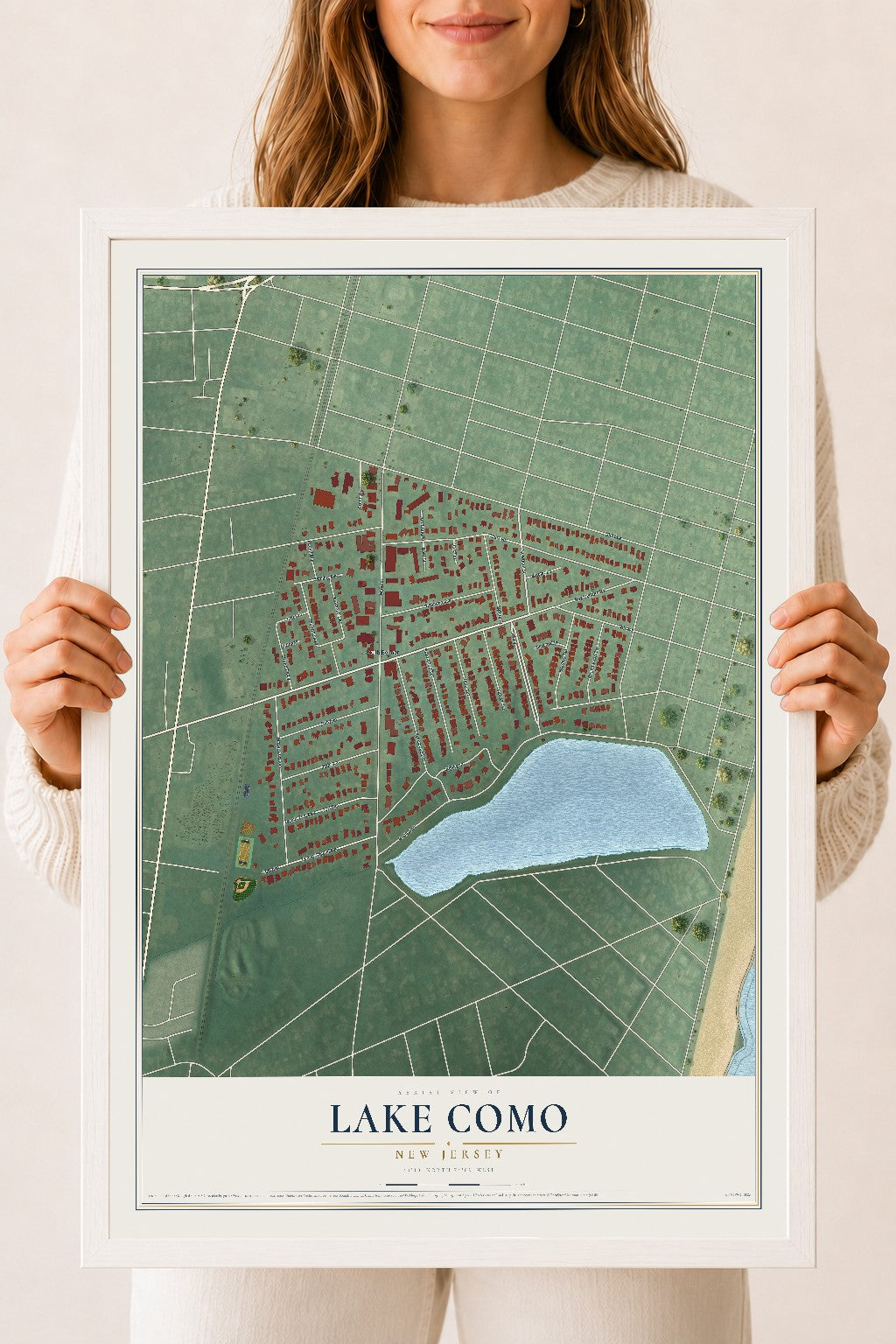 Lake Como, New Jersey map print, 18" x 24" W/ White Ayous Wood Frame mockup