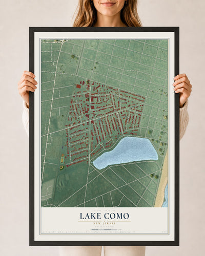 Lake Como, New Jersey map print, 24" x 36" W/ Black Ayous Wood Frame mockup