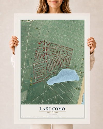 Lake Como, New Jersey map print, 24" x 36" W/ White Ayous Wood Frame mockup
