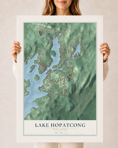 Lake Hopatcong, New Jersey map print, 24" x 36" W/ White Ayous Wood Frame mockup