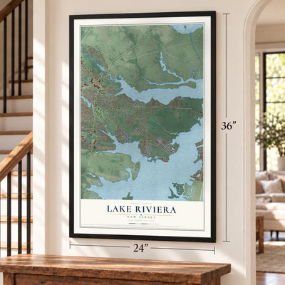 Lake Riviera, New Jersey map, 24 x 36 inch print in a black frame by a staircase