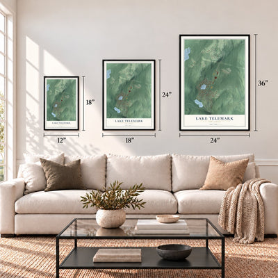 Lake Telemark, New Jersey map in 12 x 18, 18 x 24 and 24 x 36 inch sizes above a sofa