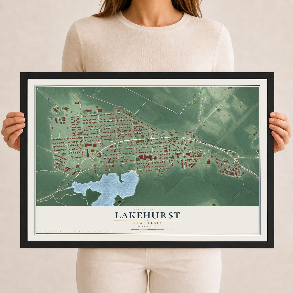 Lakehurst, New Jersey map print, 12" x 18" W/ Black Ayous Wood Frame mockup