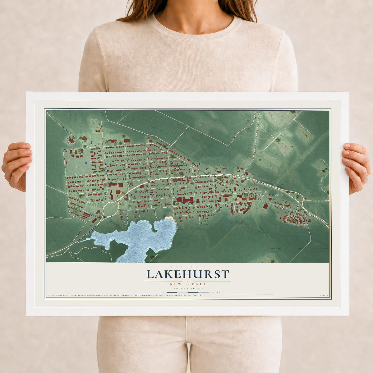 Lakehurst, New Jersey map print, 12" x 18" W/ White Ayous Wood Frame mockup