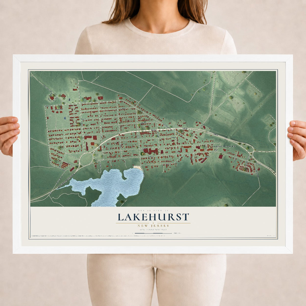 Lakehurst, New Jersey map print, 18" x 24" W/ White Ayous Wood Frame mockup