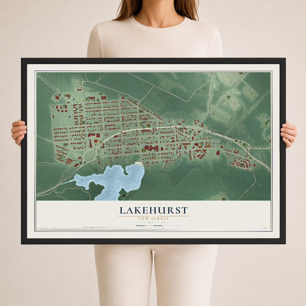 Lakehurst, New Jersey map print, 24" x 36" W/ Black Ayous Wood Frame mockup