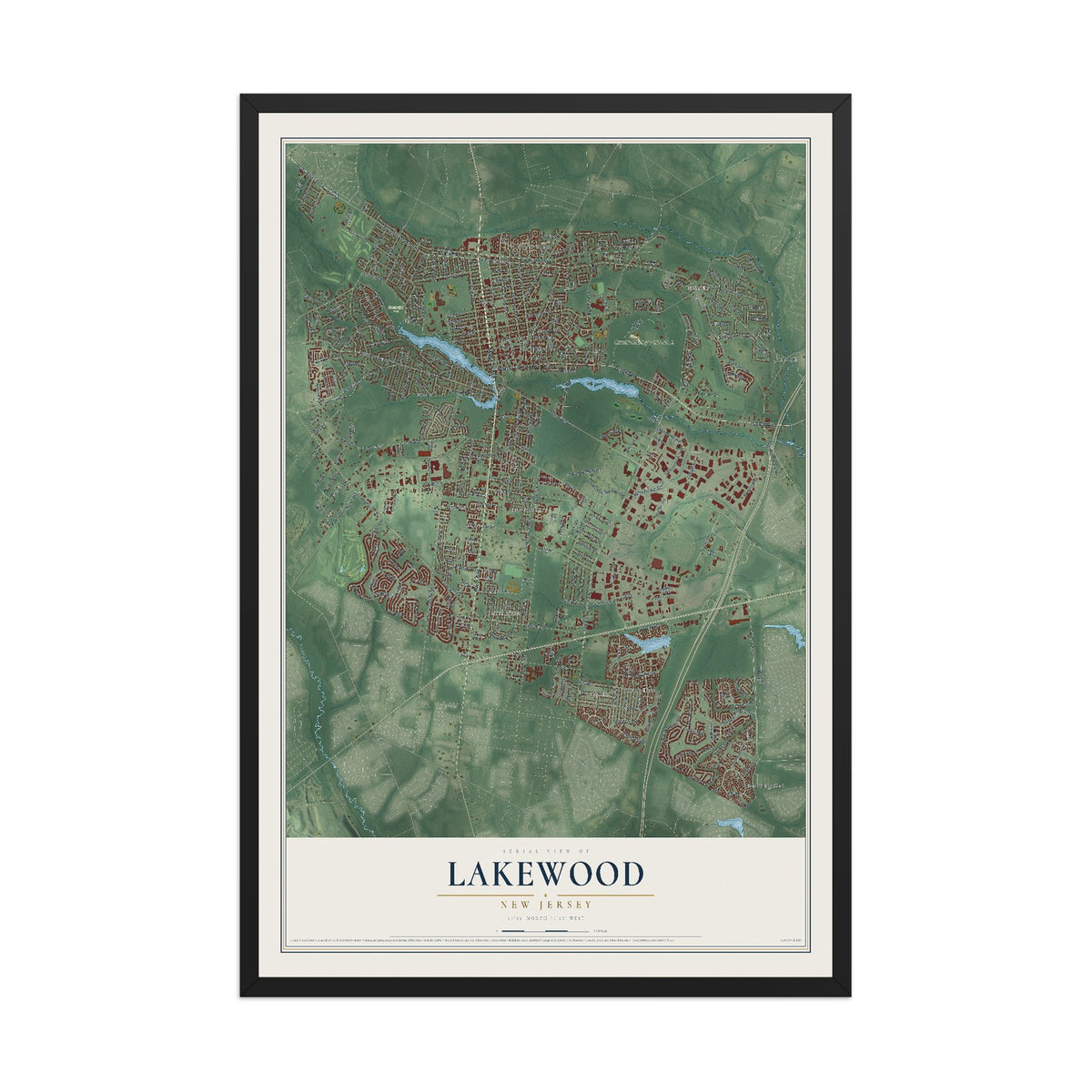 Lakewood, New Jersey map print, 12" x 18" W/ Black Ayous Wood Frame mockup