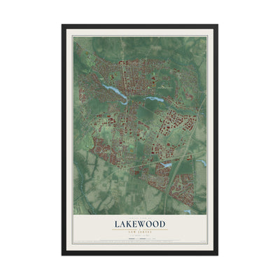 Lakewood, New Jersey map print, 12" x 18" W/ Black Ayous Wood Frame mockup
