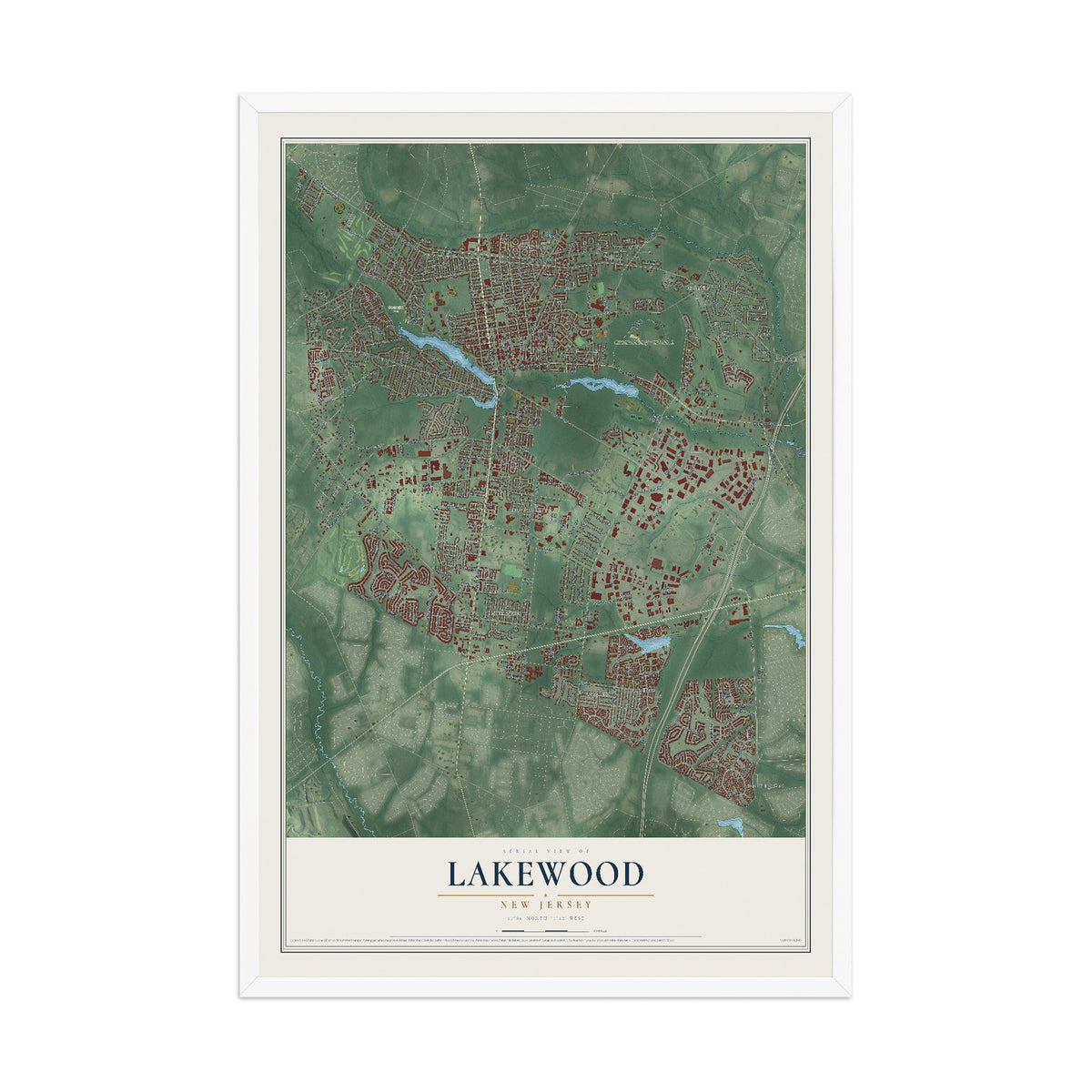Lakewood, New Jersey map print, 12" x 18" W/ White Ayous Wood Frame mockup