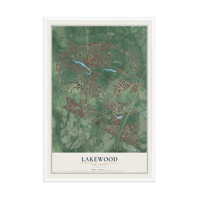 Lakewood, New Jersey map print, 12" x 18" W/ White Ayous Wood Frame mockup