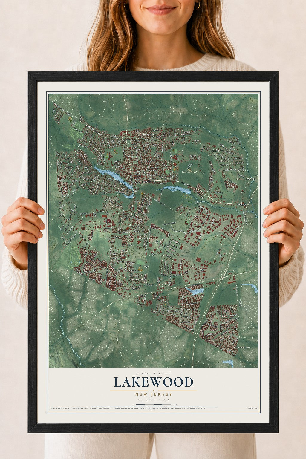 Lakewood, New Jersey map print, 18" x 24" W/ Black Ayous Wood Frame mockup