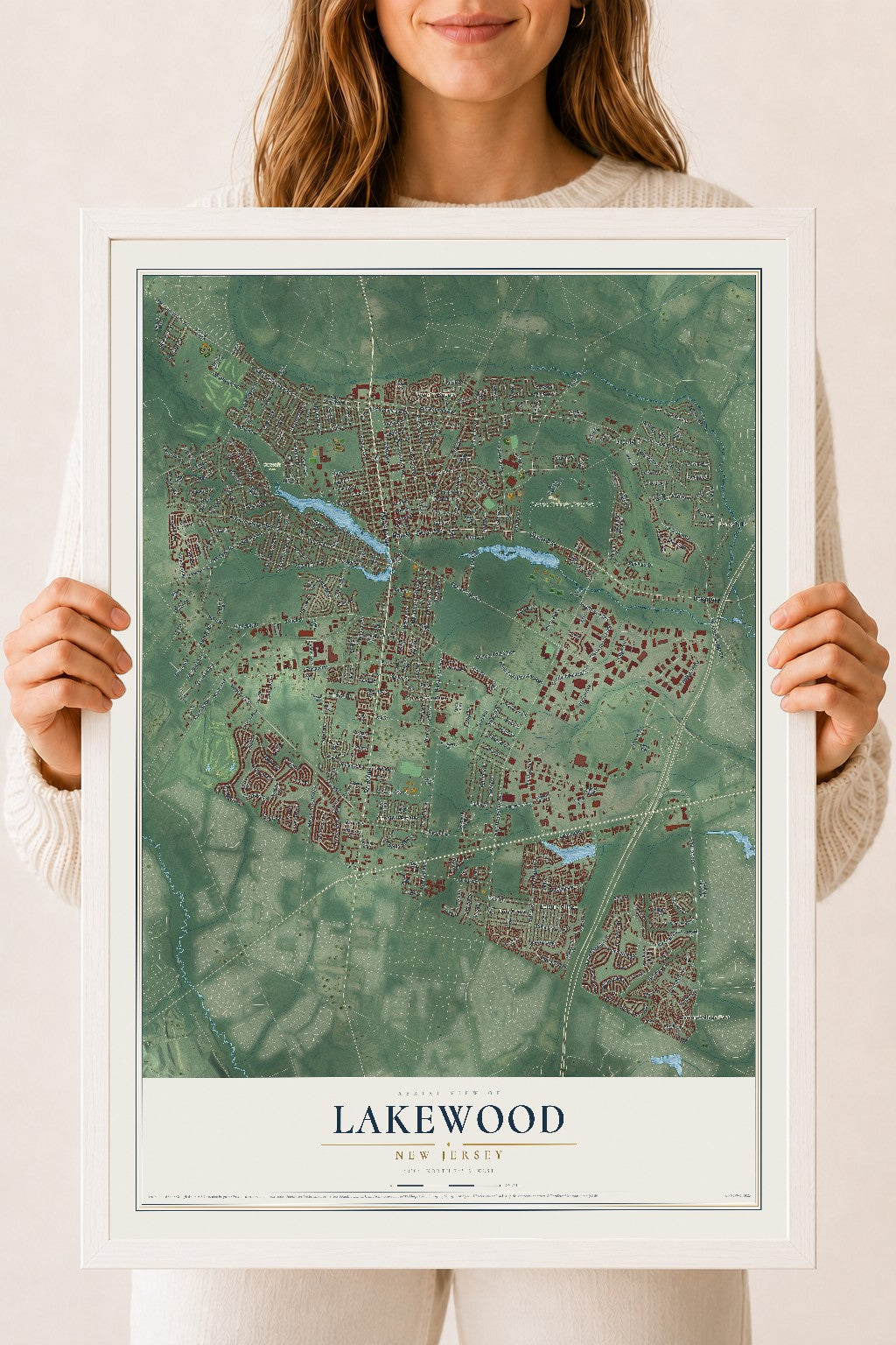 Lakewood, New Jersey map print, 18" x 24" W/ White Ayous Wood Frame mockup