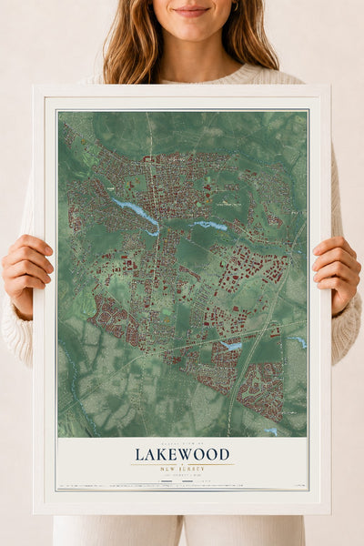 Lakewood, New Jersey map print, 18" x 24" W/ White Ayous Wood Frame mockup