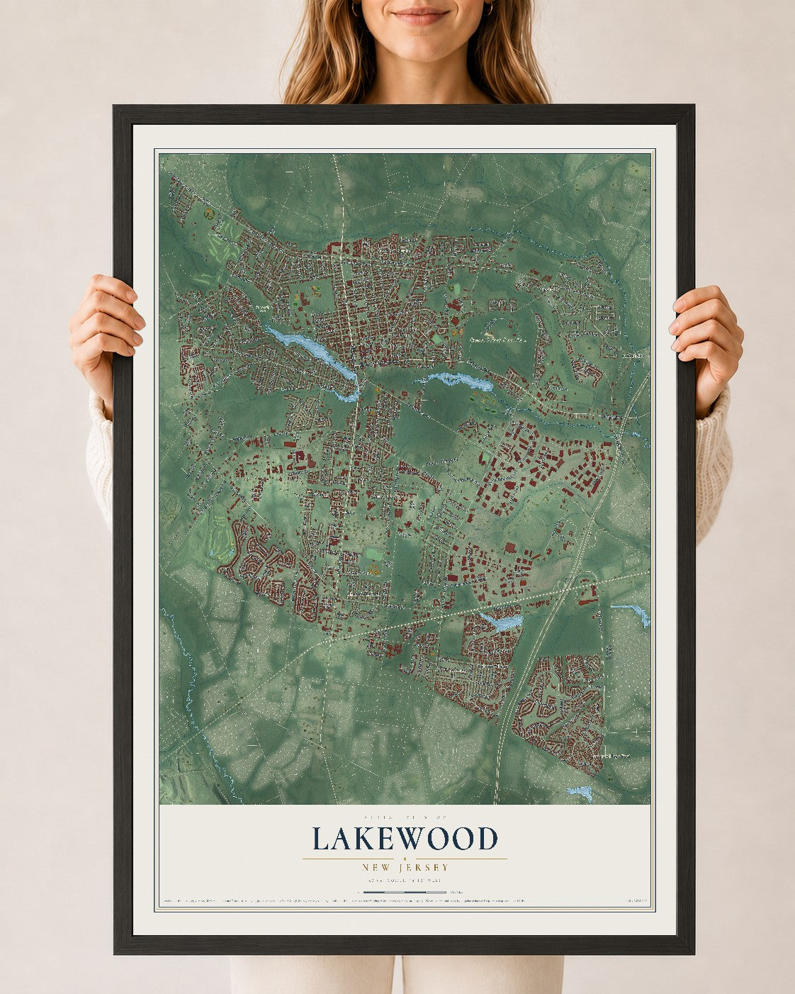 Lakewood, New Jersey map print, 24" x 36" W/ Black Ayous Wood Frame mockup