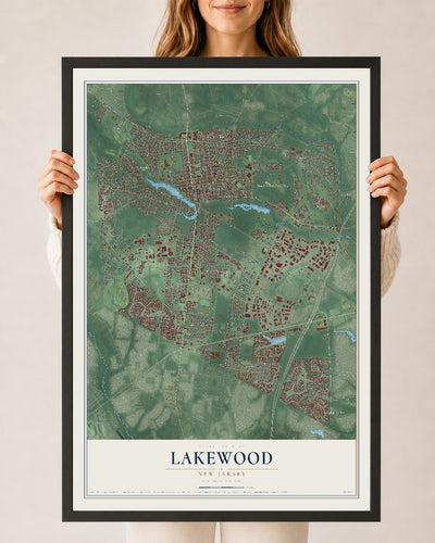 Lakewood, New Jersey map print, 24" x 36" W/ Black Ayous Wood Frame mockup