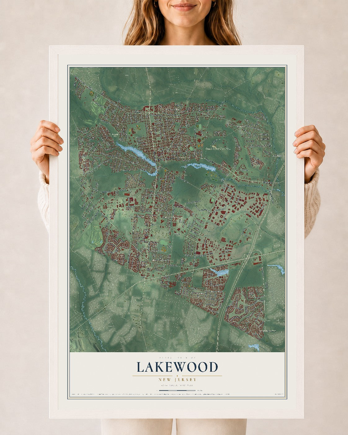 Lakewood, New Jersey map print, 24" x 36" W/ White Ayous Wood Frame mockup