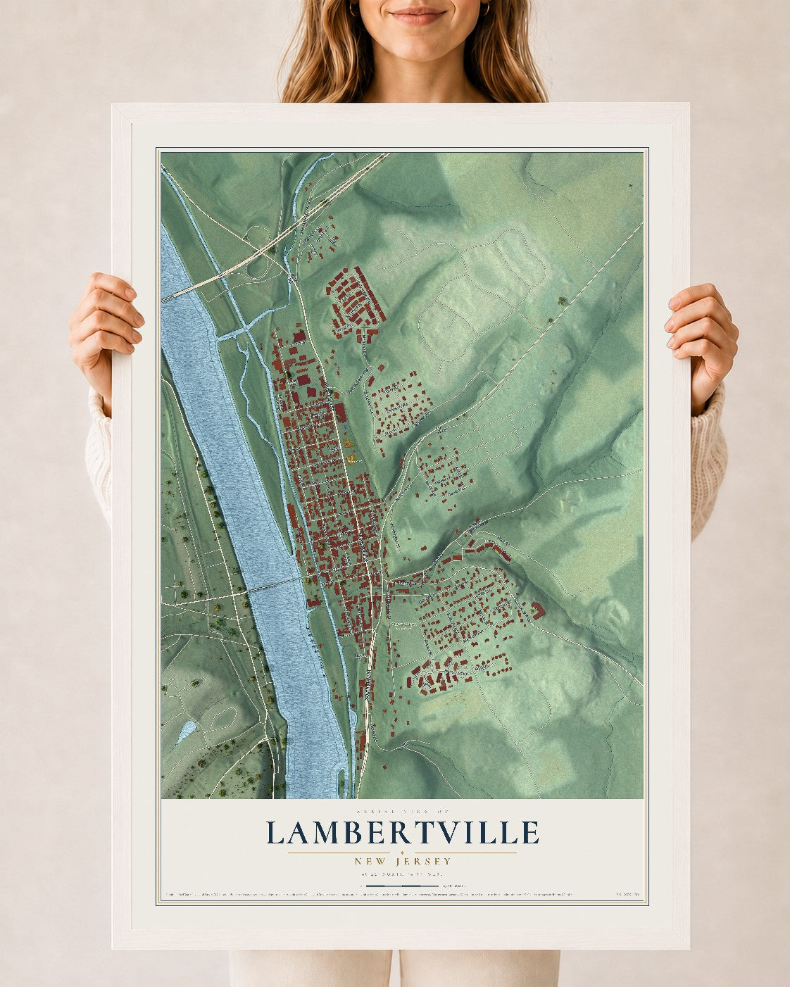 Lambertville, New Jersey map print, 24" x 36" W/ White Ayous Wood Frame mockup