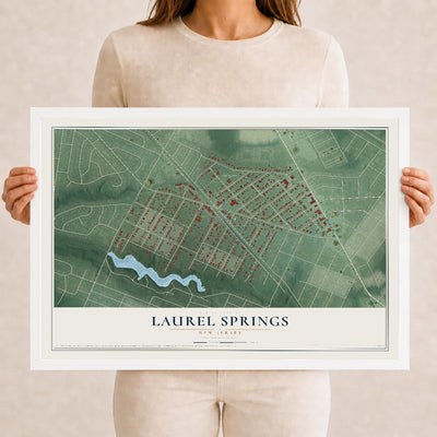 Laurel Springs, New Jersey map print, 12" x 18" W/ White Ayous Wood Frame mockup