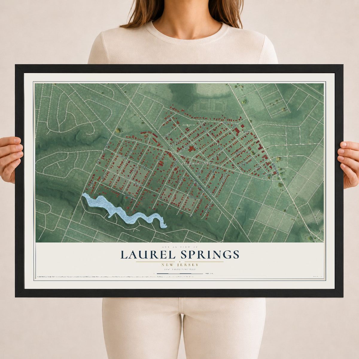 Laurel Springs, New Jersey map print, 18" x 24" W/ Black Ayous Wood Frame mockup