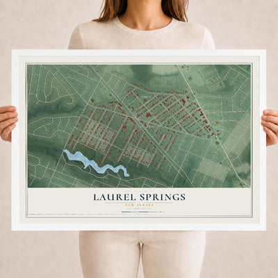 Laurel Springs, New Jersey map print, 18" x 24" W/ White Ayous Wood Frame mockup