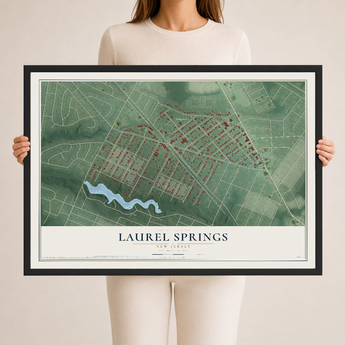 Laurel Springs, New Jersey map print, 24" x 36" W/ Black Ayous Wood Frame mockup