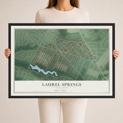 Laurel Springs, New Jersey map print, 24" x 36" W/ Black Ayous Wood Frame mockup