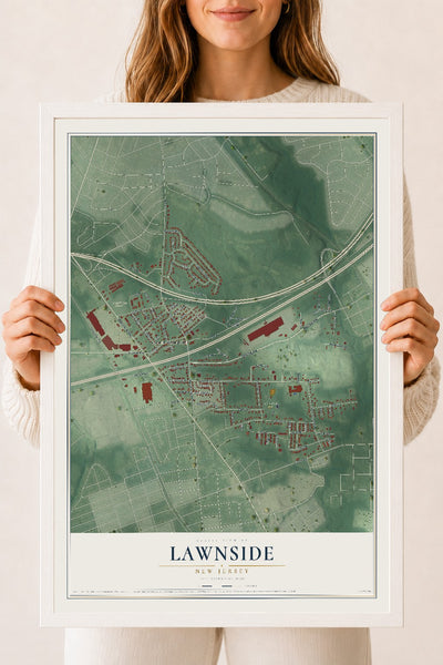 Lawnside, New Jersey map print, 18" x 24" W/ White Ayous Wood Frame mockup