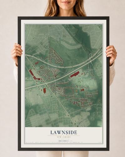 Lawnside, New Jersey map print, 24" x 36" W/ Black Ayous Wood Frame mockup