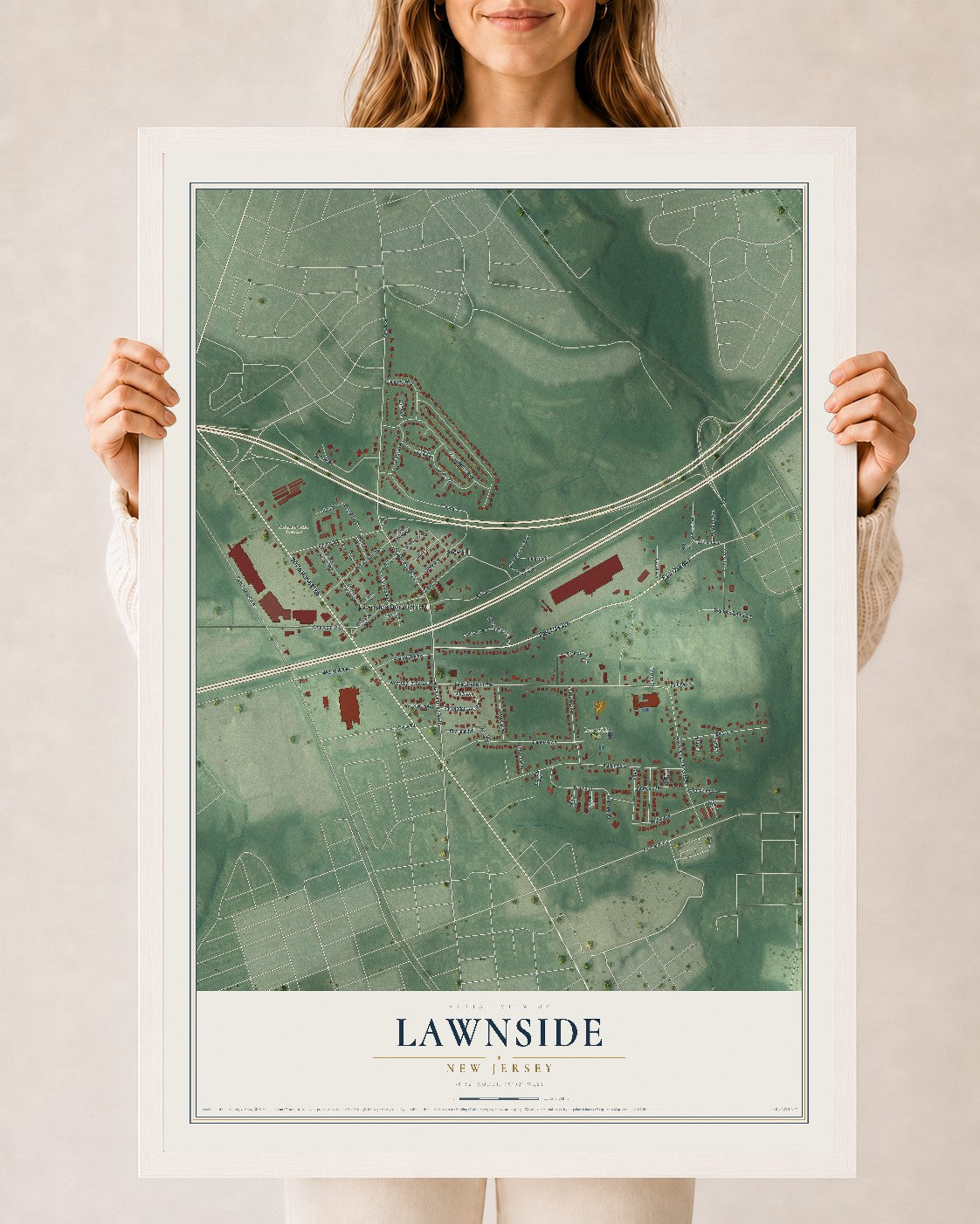 Lawnside, New Jersey map print, 24" x 36" W/ White Ayous Wood Frame mockup