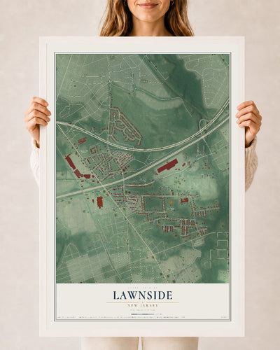 Lawnside, New Jersey map print, 24" x 36" W/ White Ayous Wood Frame mockup