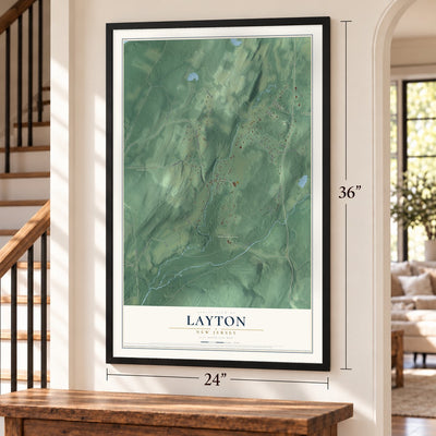 Layton, New Jersey map, 24 x 36 inch print in a black frame by a staircase