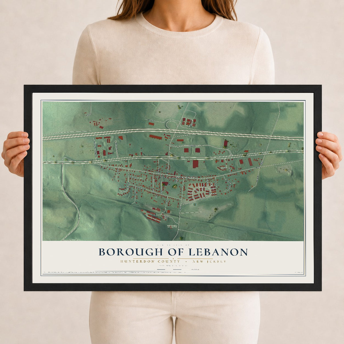 Borough of Lebanon, New Jersey map print, 12" x 18" W/ Black Ayous Wood Frame mockup