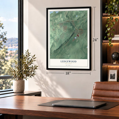 Ledgewood, New Jersey map, 18 x 24 inch print in a black frame in a home office