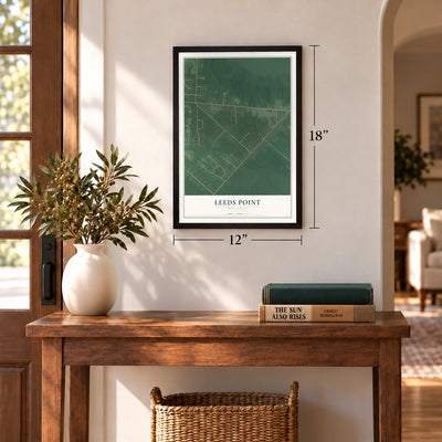 Leeds Point, New Jersey map, 12 x 18 inch print in a black frame in an entryway