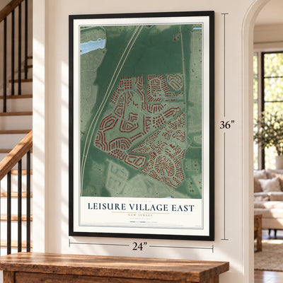 Leisure Village East, New Jersey map, 24 x 36 inch print in a black frame by a staircase