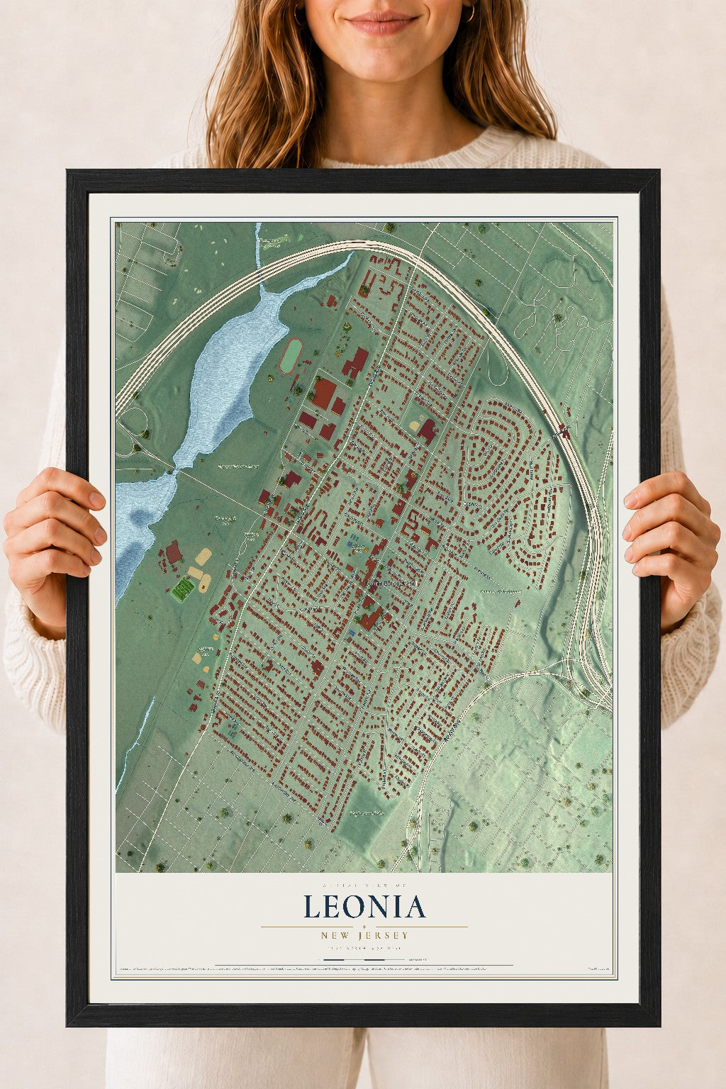 Leonia, New Jersey map print, 18" x 24" W/ Black Ayous Wood Frame mockup