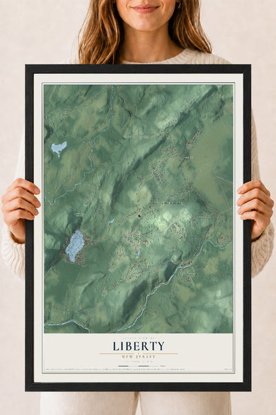 Liberty, New Jersey map print, 18" x 24" W/ Black Ayous Wood Frame mockup