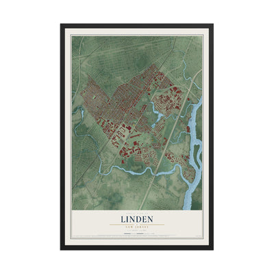 Linden, New Jersey map print, 12" x 18" W/ Black Ayous Wood Frame mockup