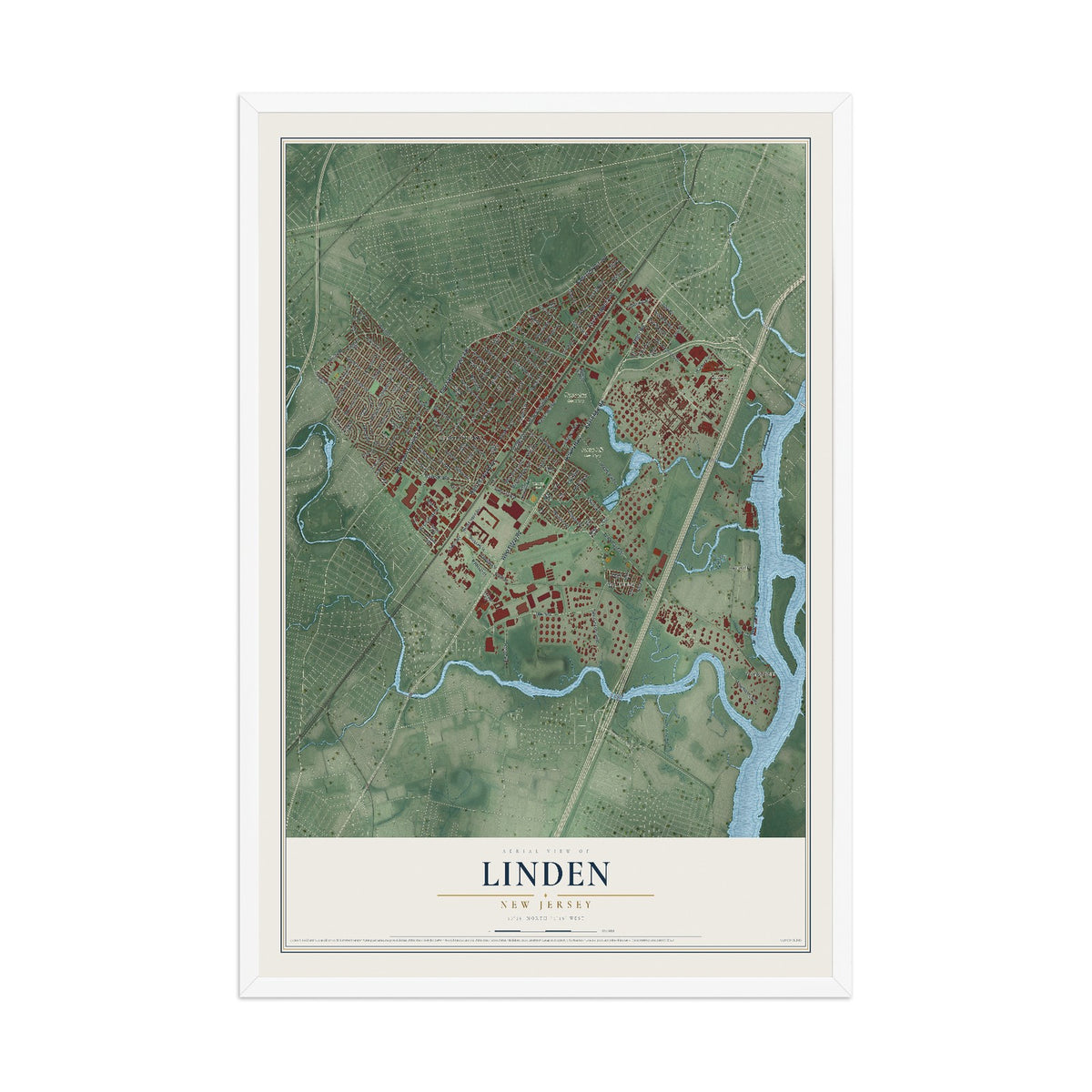 Linden, New Jersey map print, 12" x 18" W/ White Ayous Wood Frame mockup