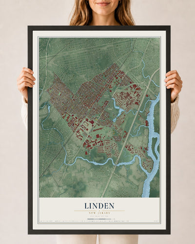Linden, New Jersey map print, 24" x 36" W/ Black Ayous Wood Frame mockup