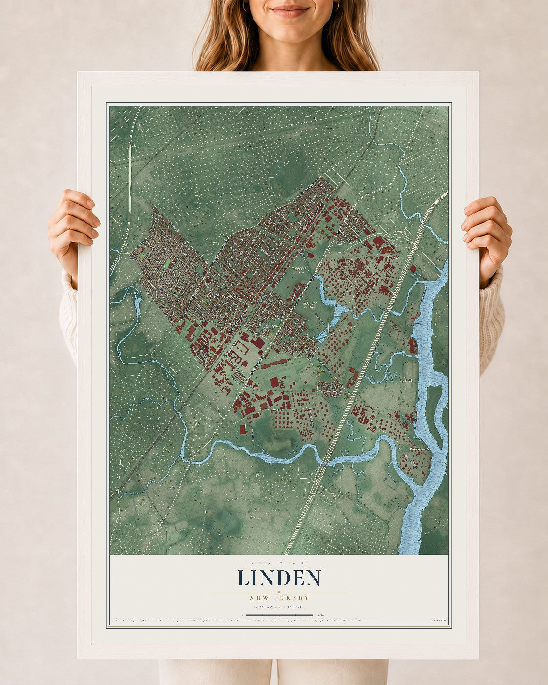 Linden, New Jersey map print, 24" x 36" W/ White Ayous Wood Frame mockup