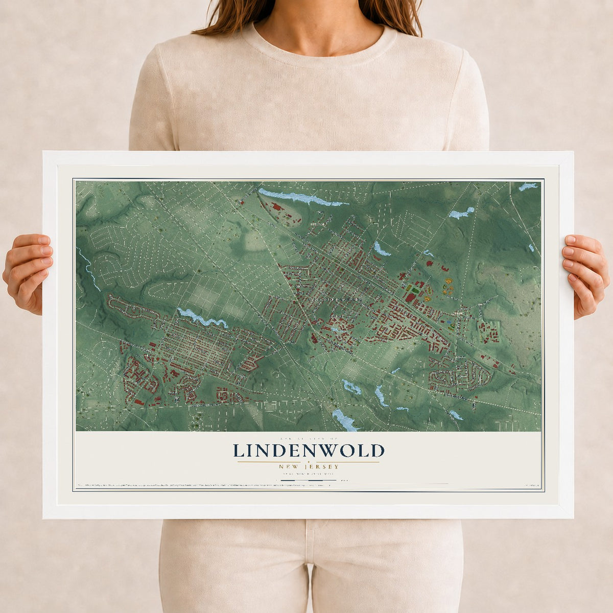 Lindenwold, New Jersey map print, 12" x 18" W/ White Ayous Wood Frame mockup