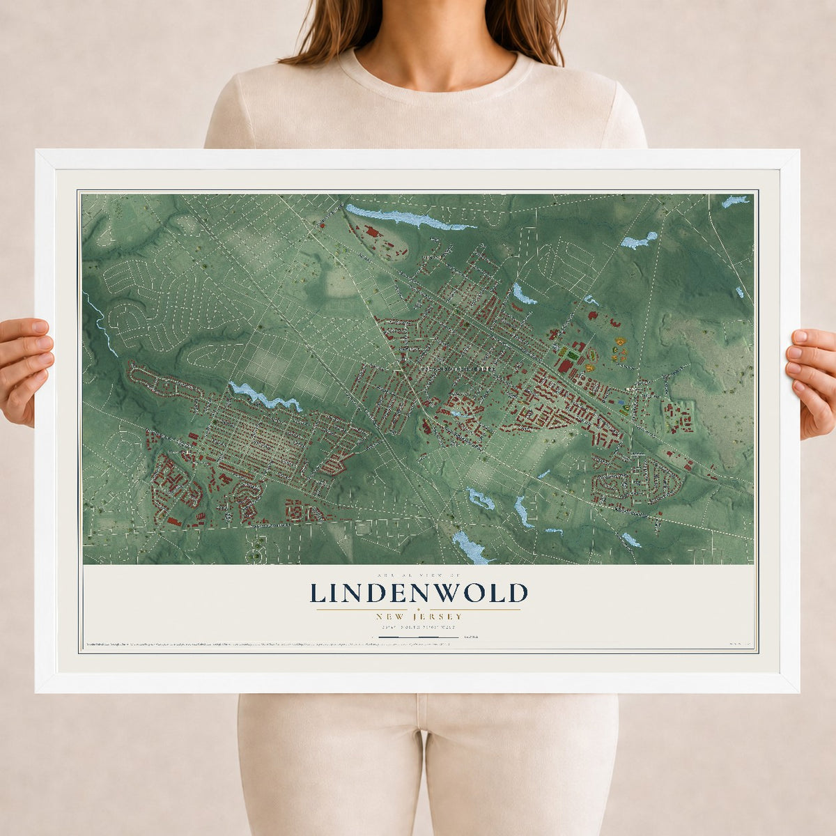 Lindenwold, New Jersey map print, 18" x 24" W/ White Ayous Wood Frame mockup