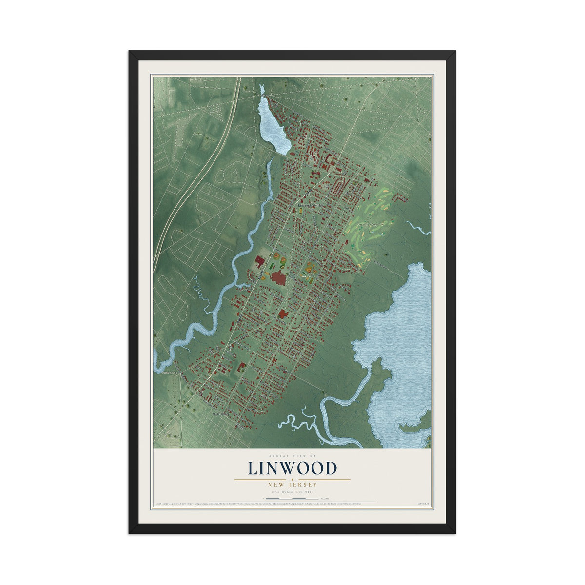 Linwood, New Jersey map print, 12" x 18" W/ Black Ayous Wood Frame mockup