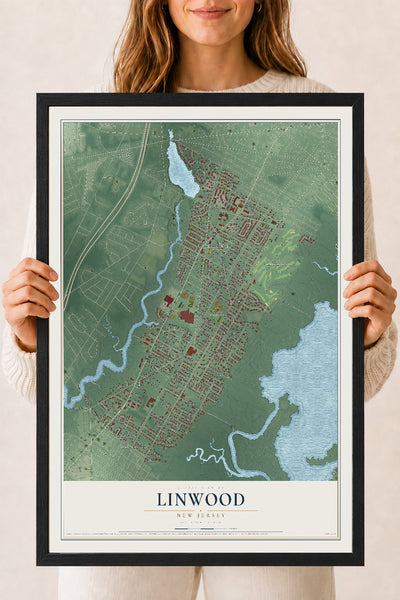 Linwood, New Jersey map print, 18" x 24" W/ Black Ayous Wood Frame mockup