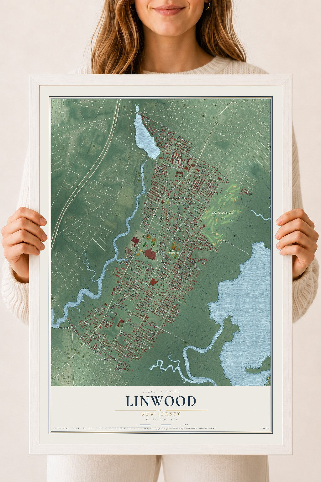 Linwood, New Jersey map print, 18" x 24" W/ White Ayous Wood Frame mockup