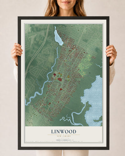 Linwood, New Jersey map print, 24" x 36" W/ Black Ayous Wood Frame mockup
