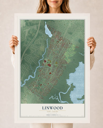 Linwood, New Jersey map print, 24" x 36" W/ White Ayous Wood Frame mockup