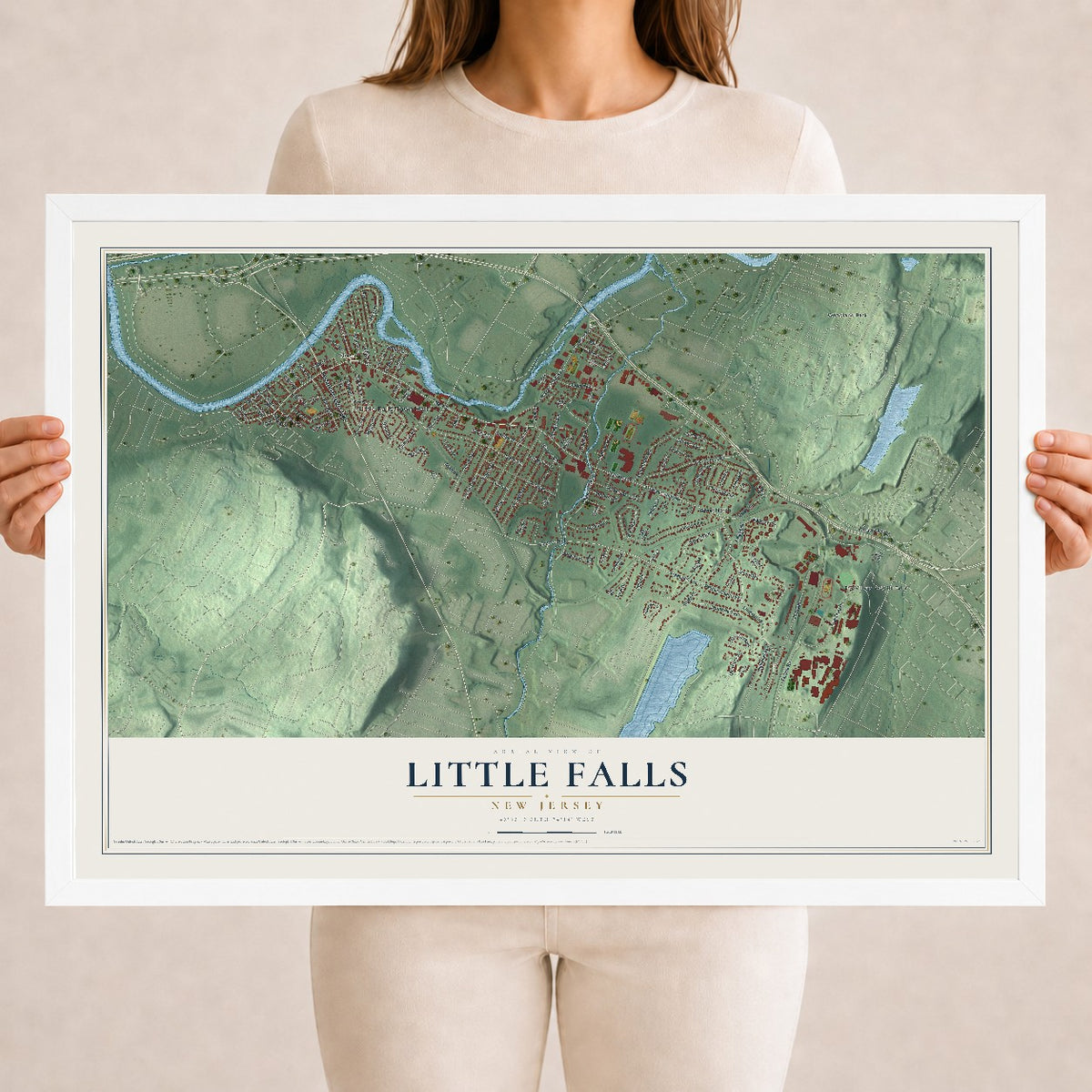 Little Falls, New Jersey map print, 18" x 24" W/ White Ayous Wood Frame mockup