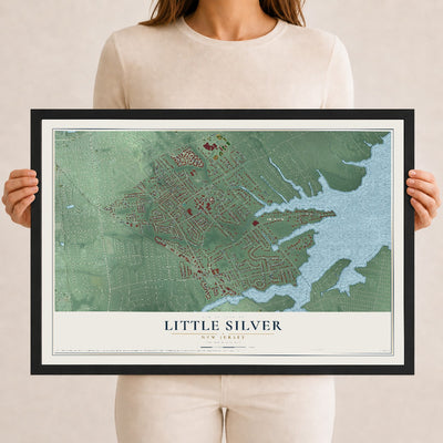 Little Silver, New Jersey map print, 12" x 18" W/ Black Ayous Wood Frame mockup